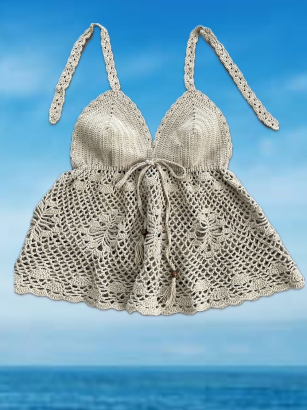 100% Wool Handmade Crochet Tie-Front Halter Tankini Top 🔥 - Cream, One Size - Picture 4 of 13